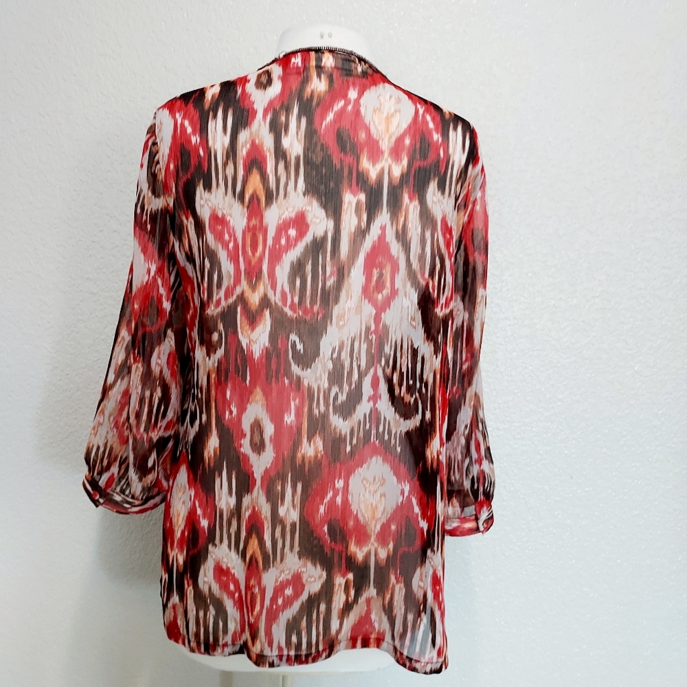🔴3/$20 Chico's Red & Brown Sheer 3/4 Sleeves Blouse Size M - Picture 8 of 13